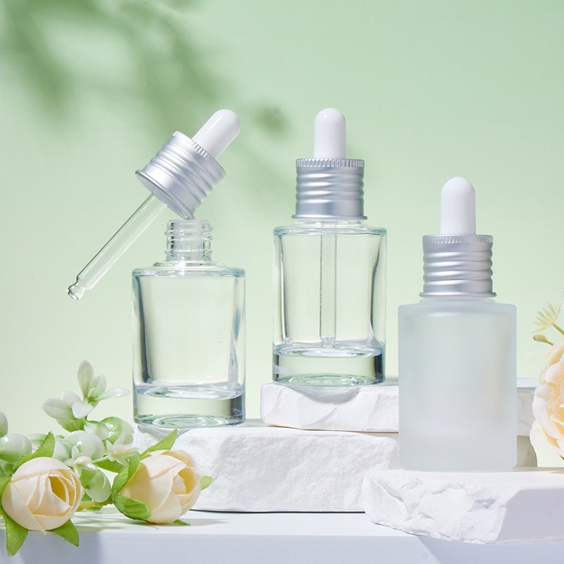 Frascos conta-gotas de vidro fosco e transparente com círculo prateado de 20 mm e 30 ml